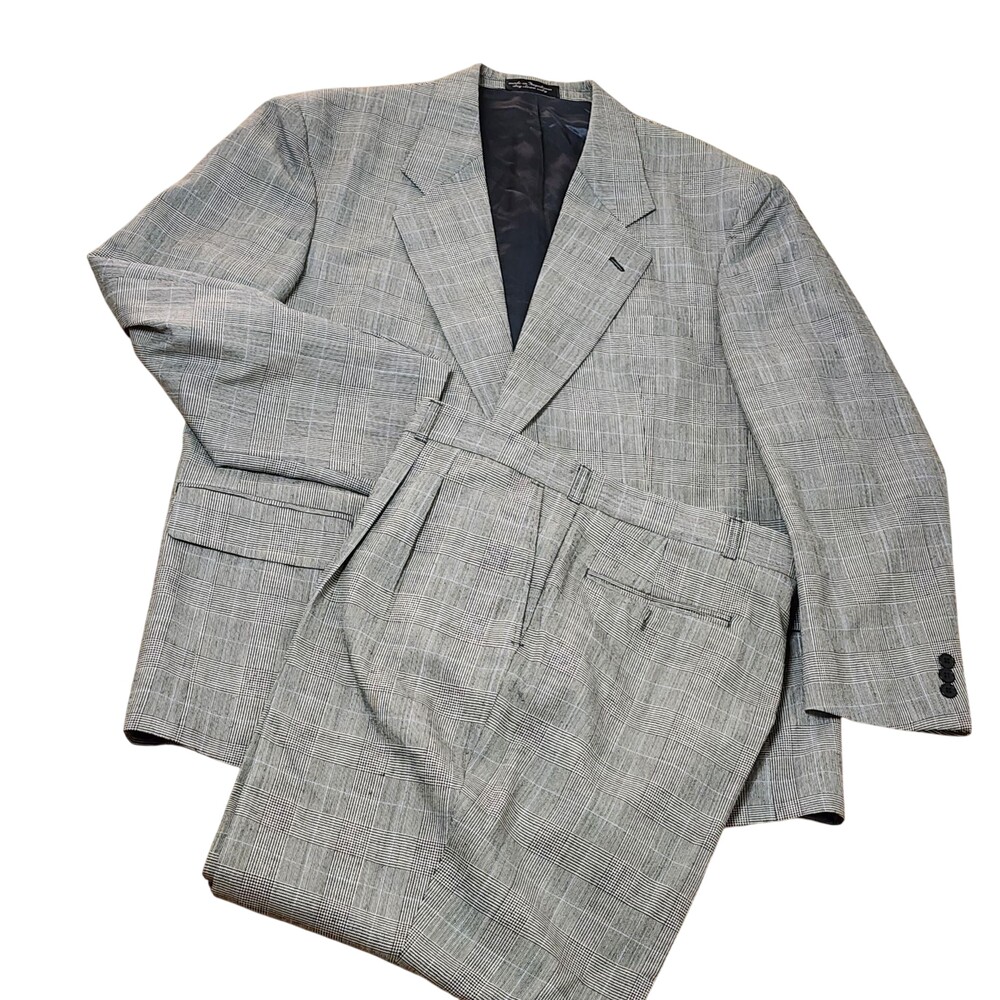 Vintage Egon Von Furstenberg Suit Mens 48 Gray Glen Plaid Wool Tweed 2 Piece